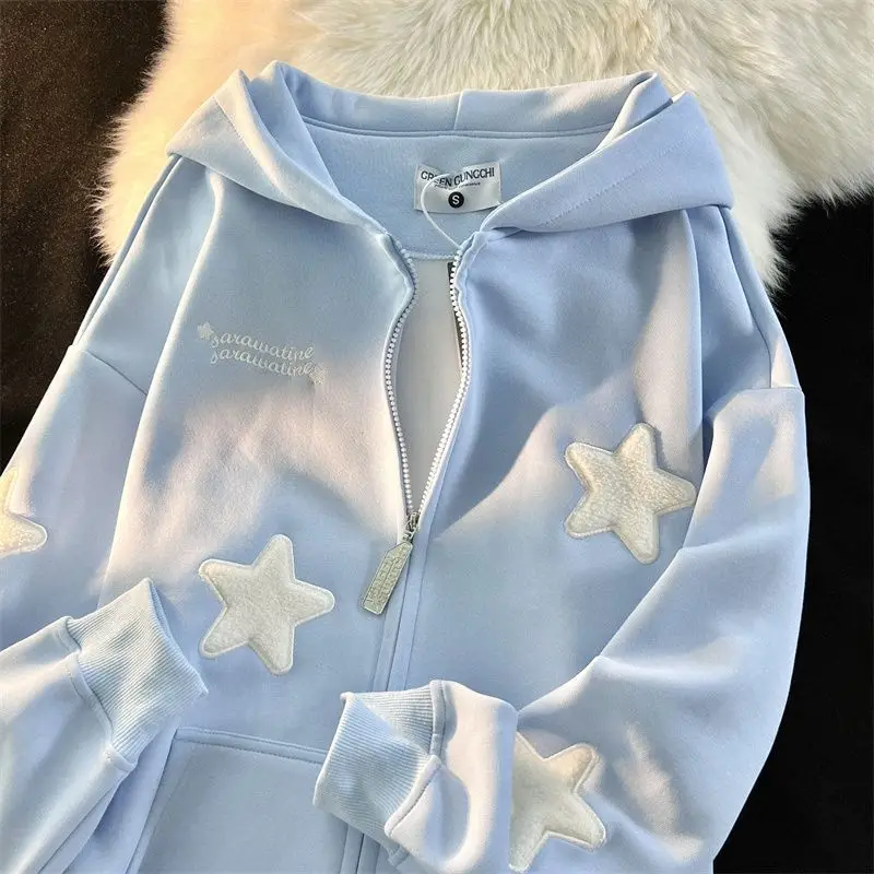 Spring Fall Star Patch Designs Men Long Sleeve Hooded Cardigan Sweatshirts Thin Loose Fashion Couple Clothing Unisex Black Blue