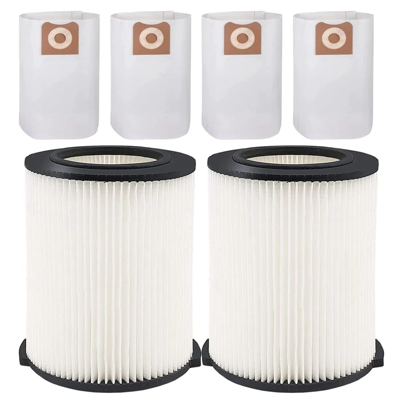 

2Pack White Filter Replacement For Ridgid For Shop 5-20Gallon Wet Dry Vacuums+4Pack VF3502 Bags For Ridgid 12-16Gallon