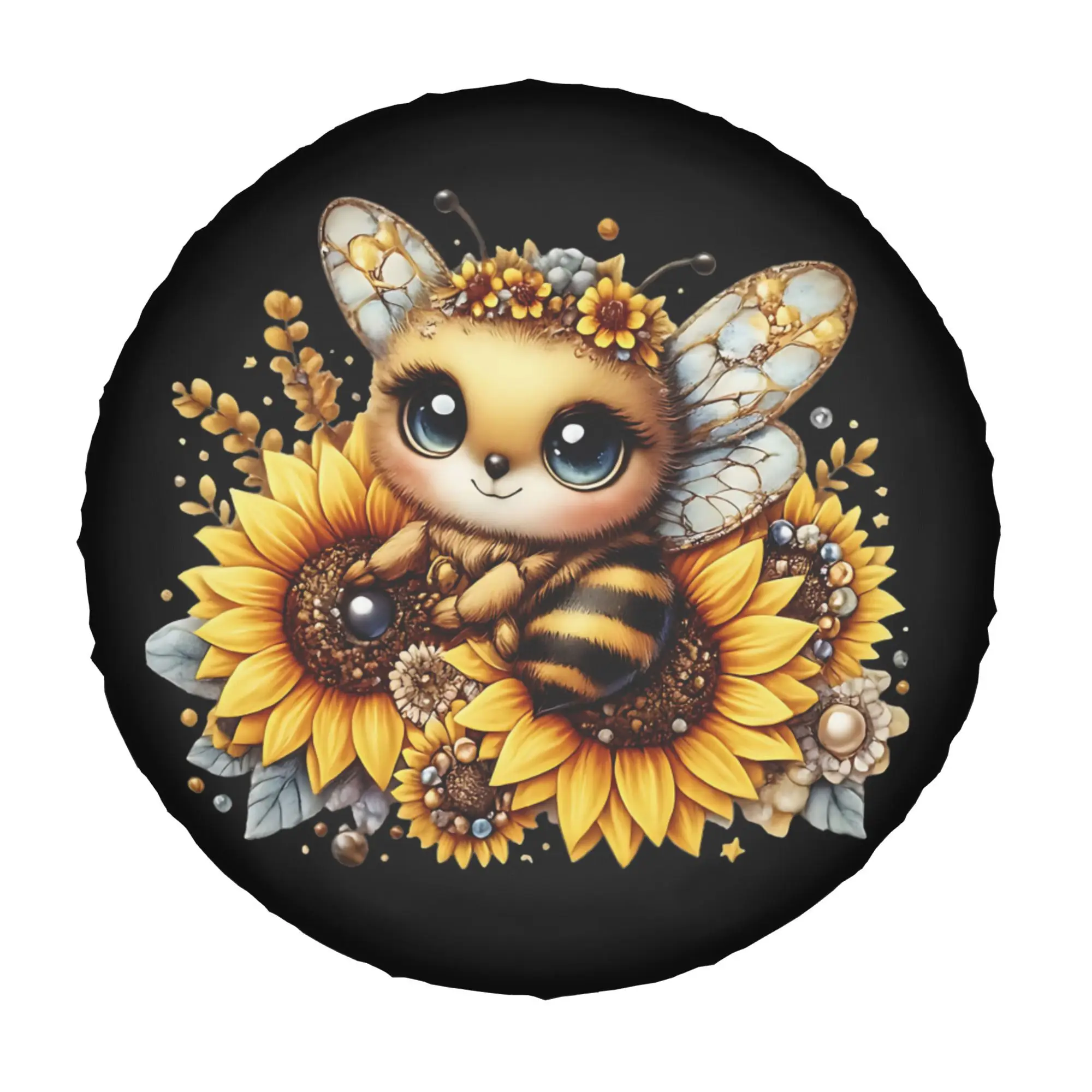 2D Flat Printing 1pc Fluffy Bee Surrounded By Sunflowers Printed Car Tire Cover, Universal Stylish Spare Wheel Protector, Perfec
