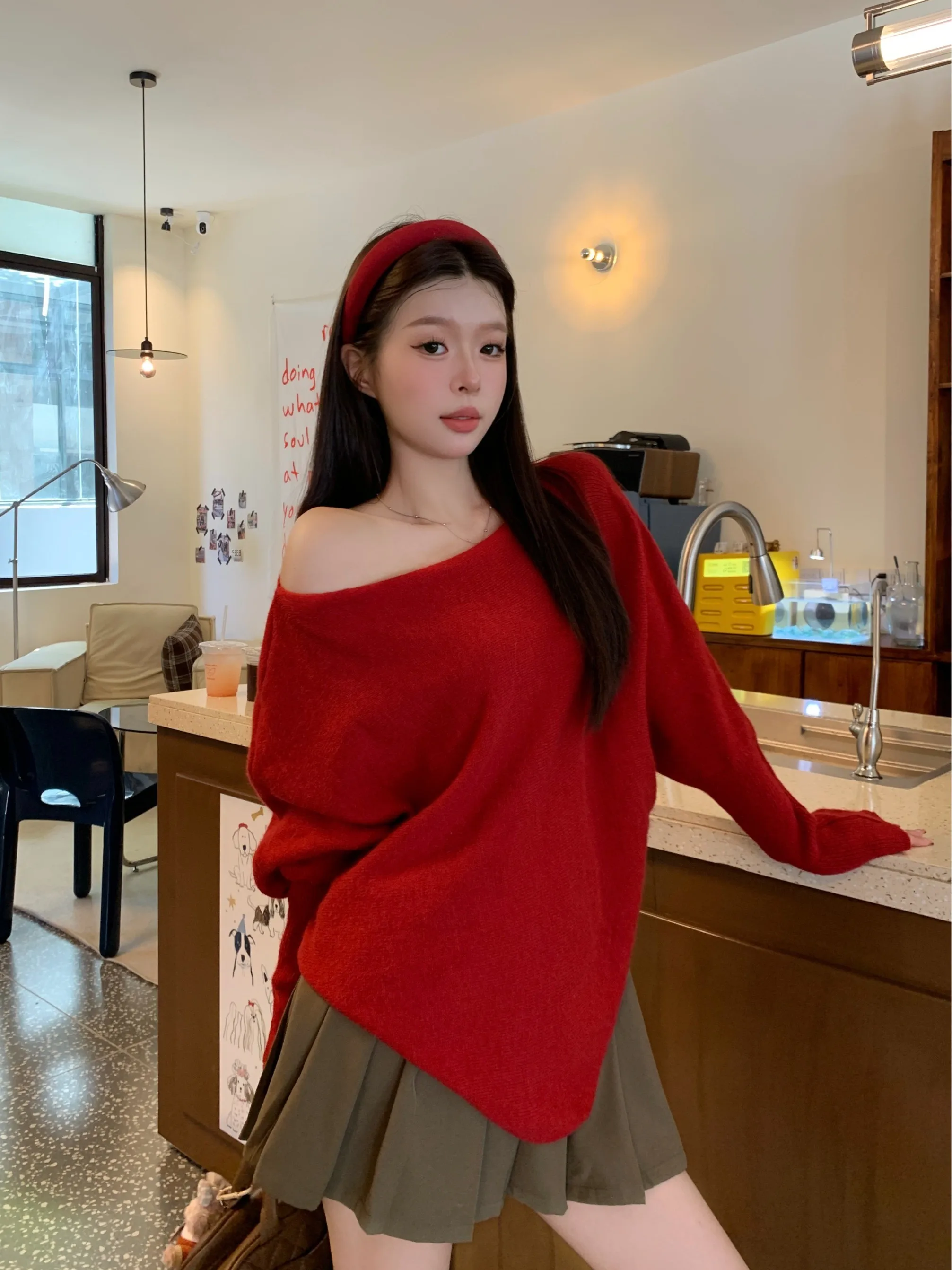 

Повседневный вязаный свитер с полосками «летучая мышь» для женщин, осень-зима, новый удобный свободный топ Faion