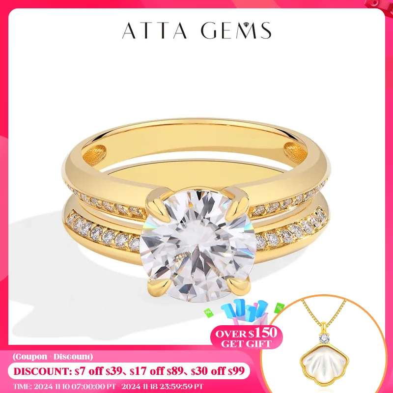 ATTAGEMS Top Quality Moissanite Ring 3CT DVVS1 Round Cut Diamond 925 Silver 18K Gold Plated Engagement Wedding Jewelry for Women