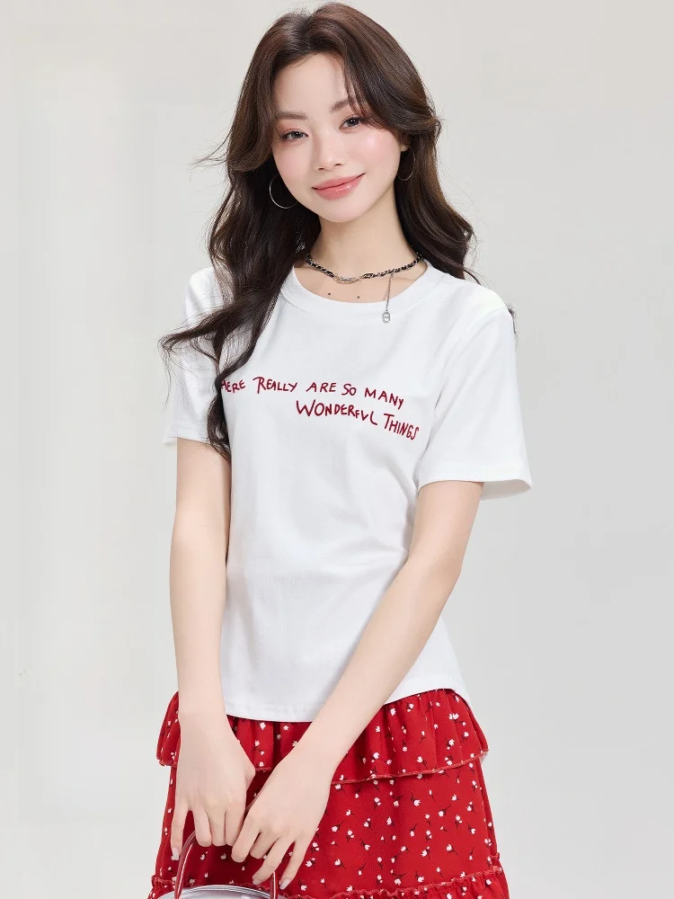 

Женская белая футболка Meng Xiaoqi с круглым вырезом, повседневная, свободного кроя, стройнящая, весна-лето, новая, с креативным принтом