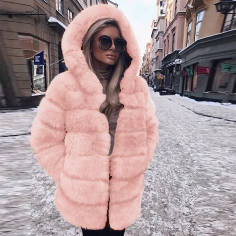 Women's Faux Fur Hooded Puffer Jacket Colorful Plush Winter Coat Warm Thick Loose Fit Outerwear