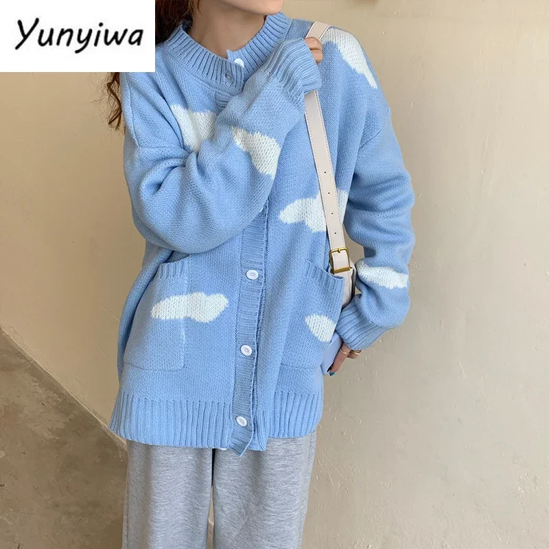 Japanese Kawaii Harajuku Cardigan Women Cloud Print Korean Loose Blue Sweater Coat All Match Knitted Cardigans Jumper