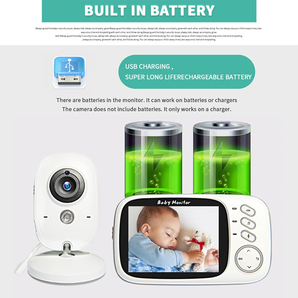 Video Baby Monitor 2.4G Wireless with 3.2 Inches LCD Night Vision 2 Way Audio Talk Security Mother Kids Camera Babysitter VB603