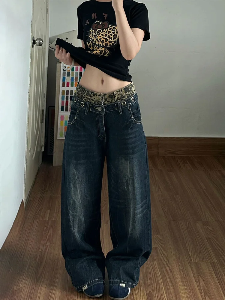 plus Size American Retro Leopard Print High Waist Straight Leg Denim Pants Women Loose Wide Leg Long Trousers Autumn New Design