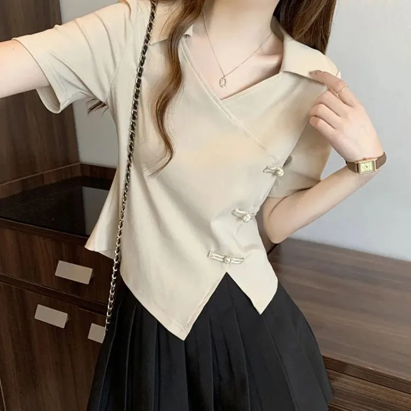 

Women Summer Simplicity office Lady Polo collar Solid color short sleeve Shirts Ladies Fashion Appear thin All-match Casual tops