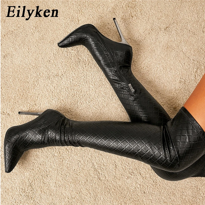 Eilyken Sexy Nightclub Party Stripper Over The Knee Boots Women Stiletto Heels Fashion Pointed Toe Zip Thigh High Shoes Female