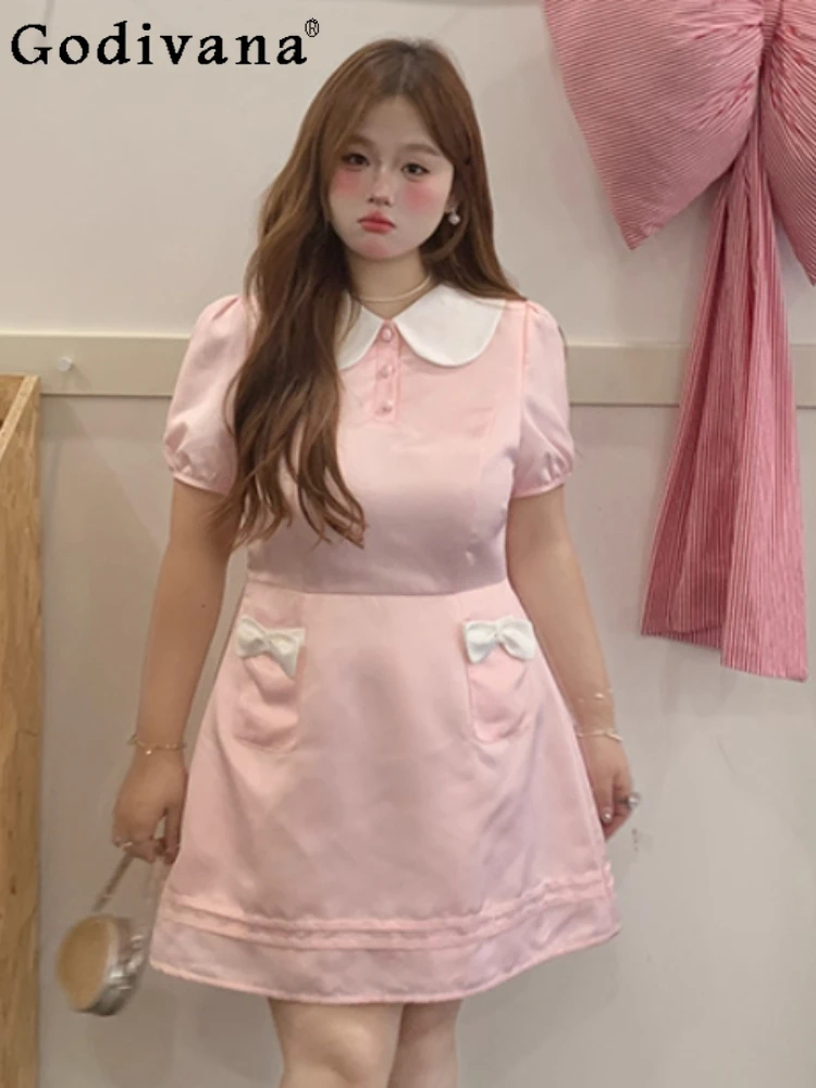 

Summer Pink Sweet Plus Size Short Sleeve Peter Pan Collar Dress Women Fashion Versatile Age-reducing Japanese Short Dresses