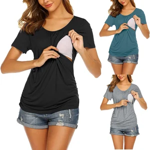 Roupa de maternidade grávida feminina, camiseta de amamentação, camisa de verão, cor sólida, camiseta de gravidez 12 principais vendas blusa pra gravida - №3