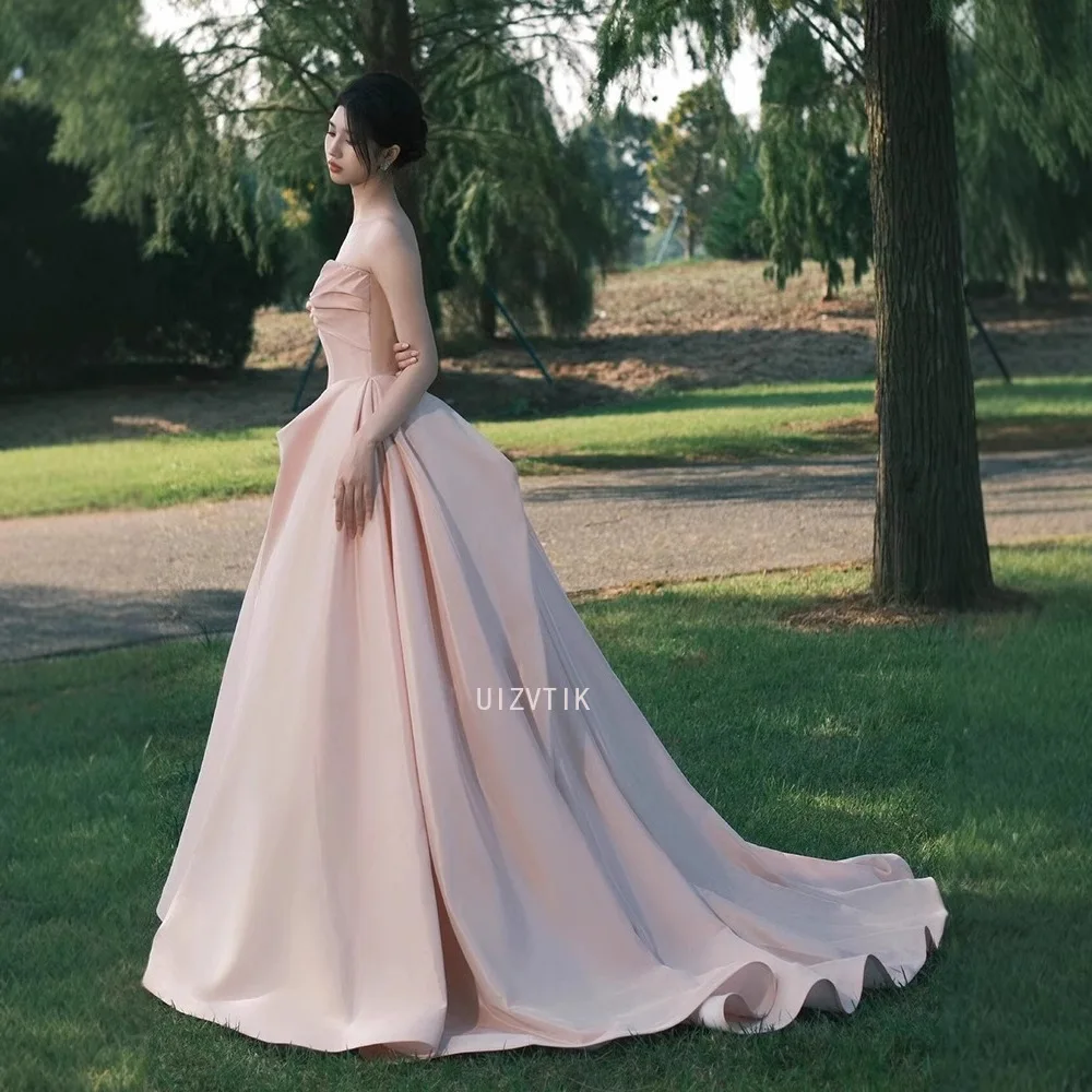 Элегантное розовое длинное вечернее платье трапециевидной формы без бретелек, атласные платья для выпускного вечера для девочек, платье принцессы Quinceanera, Vestidos De Gala Custom