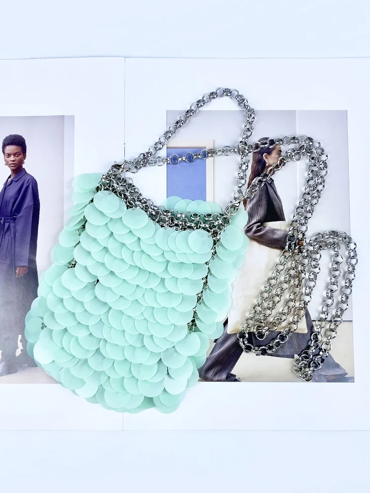 แฟชั่นโลหะSequinsถักกระเป๋าผู้หญิงLuxury Designerยาวเงาไหล่กระเป๋าหญิงงานแต่งงานคลัทช์กระเป๋า