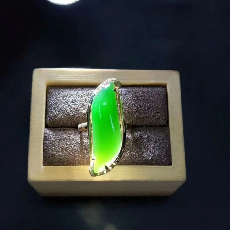 Fashion natural Hotan Jade ring Classic glossy silver inlaid vintage Willow leaf green rings for women fien jewelry adjustable