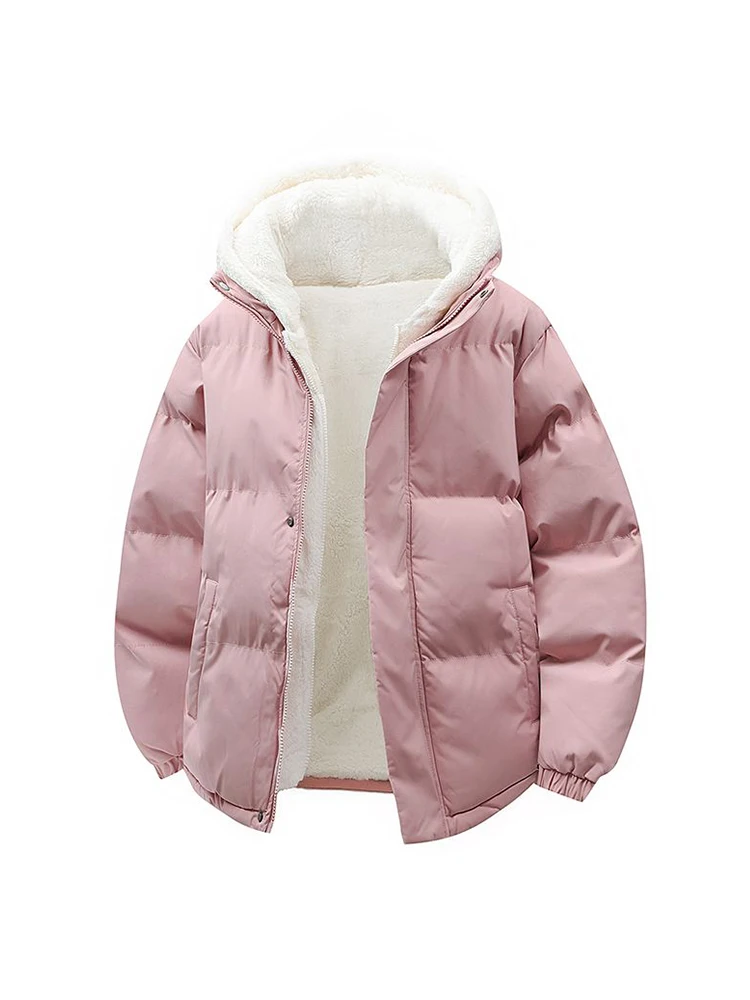 

MMOPTOP Winter Thickened Lamb Velvet Hooded Cotton Jacket Youth Casual Fashionable Couple Matching Outerwear Polyester Fiber