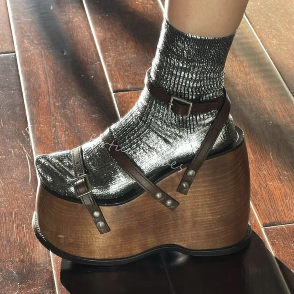 

Retro Super Platform Catwalk Stage Sandals Women Brown Open Toe Wedges Belt Buckle High Heels Street Fashion Party Sexy Sandals