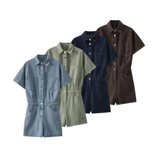 NOVEDAD DE VERANO 20225, productos, ropa de mujer, solapa Retro, cintura de un solo pecho, adelgazante, mono vaquero con múltiples bolsillos, pantalones cortos