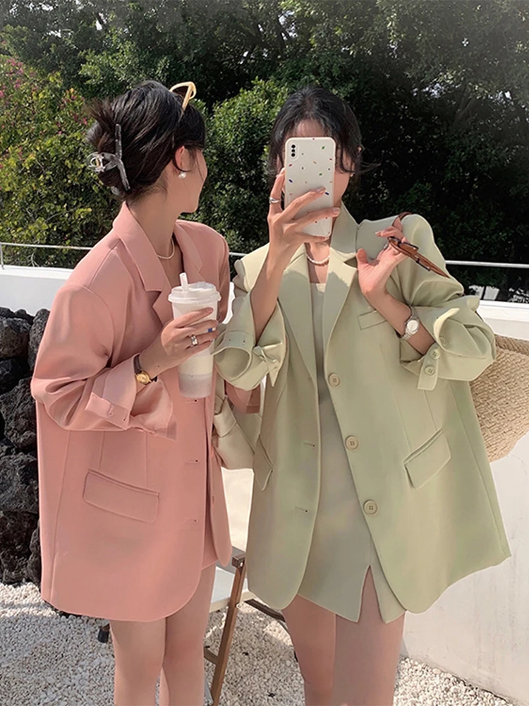 Casual Blazer Women Loose Fashion Elegant Sweet Slip Dress Sets Female 2024 Spring New Korean Solid Long Sleeves Set 2 Pieces