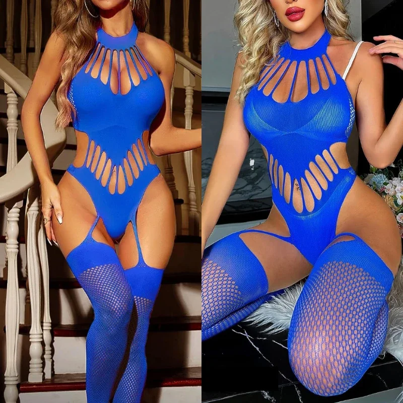 Stoking Tubuh Terbaru untuk Wanita Bodysuit Halter Teddy Stoking Jala Tanpa Lengan Pantyhose Renda Nightie Klub Lingerie Seksi
