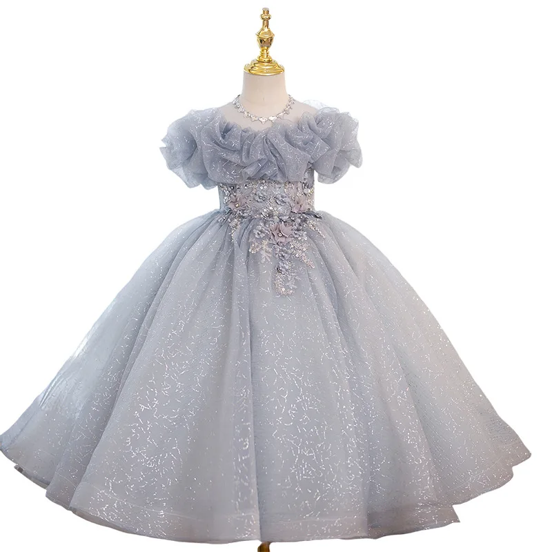 Vestido de fiesta de cumpleaños de lujo para niñas pequeñas, lentejuelas grises, pétalos de princesa, vestido largo para niños de 1 a 12 años