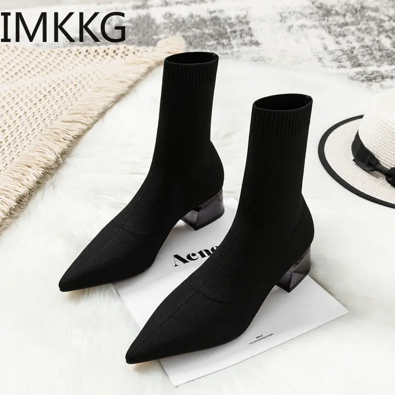 2020 Brand Women Warm Winter Boots Women\'s Mid High-Heeled Pointed Short Knitted Socks Boots Thick Heel Black Booties