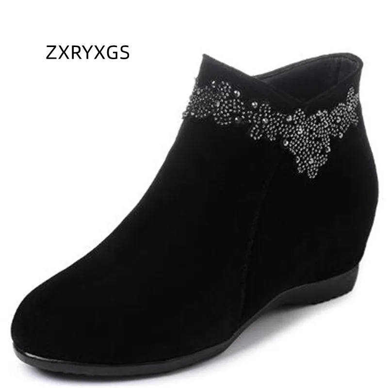 

ZXRYXGS 2023 Autumn Winter Premium Cowhide Rhinestone Shoes Woman Fashion Boots Flat Increased Within Wedges Boots Large Size