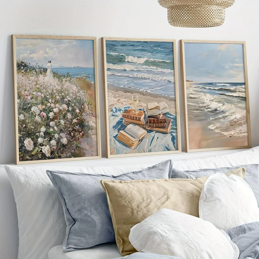 

3pcs/Set Summer Beach Flower Landscape Painting, Retro Ocean Pastel Beach Book Poster, Nordic Home Decoration Canvas Print