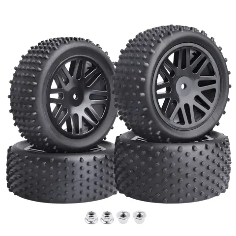 Hobbypark Conjunto de pneus e jantes para buggy off road, escala 1/10, não colados, para carro RC, cubos hexagonais dianteiros e traseiros de 12 mm com inserções de espuma