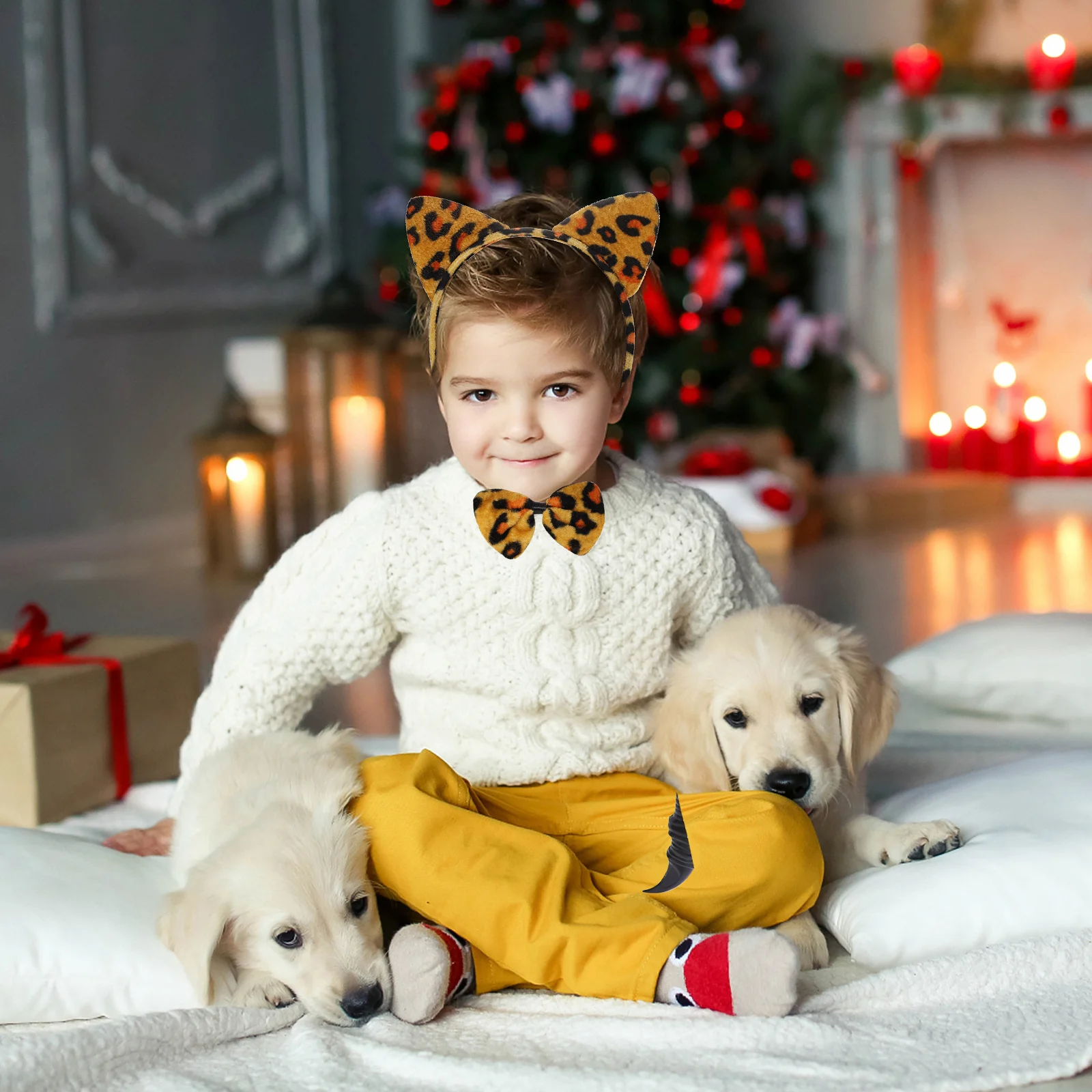 3Sets Leopard Headband Tail Bow Tie Cosplay Accessories Soft Comfortable Stage Performance Halloween Christmas Costume