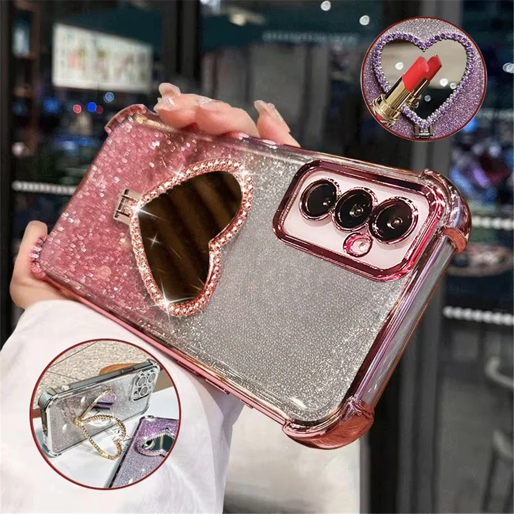 Glitzer-Herz-Spiegelhalter-Handyhülle für Samsung A17 A37 A57 A16 A36 A56 A15 A35 A55 A14 A54 Stoßfeste Silikonhülle