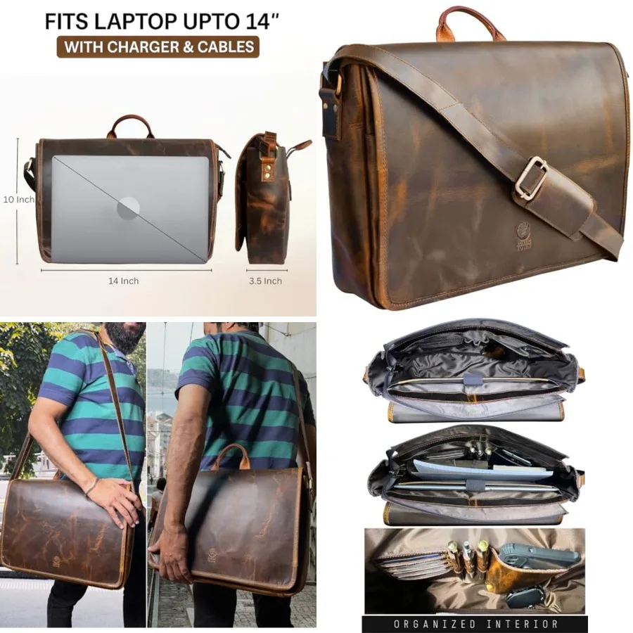 

Leather Messenger Bag for Men 14" Leather Laptop Bag Vintage Crossbody Office Satchel Travel Shoulder Bag
