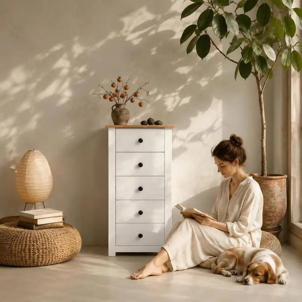 Buffet en bois de pin massif avec 5 tiroirs, armoire de rangement blanche pour salon et chambre, table console étroite, support pour téléphone, 46x40x89 cm