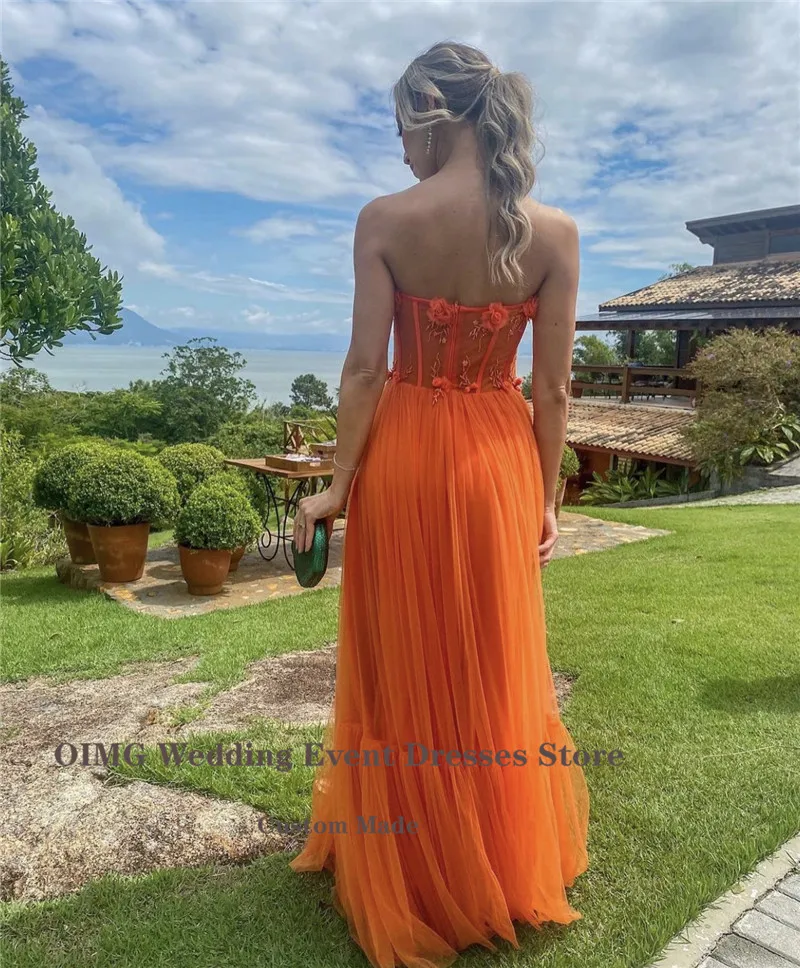 OIMG A Line Tulle Long Party Dresses Strapless 3D Flowers Bones Floor Length Orange Evening Gowns Special Event Occasion Dress