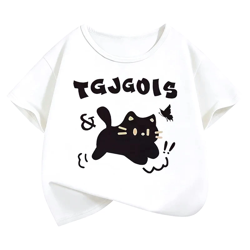 Cute Cat Graphic Kids Tshirts Summer Short Sleeve Tees Cartoon Animal Boys Girls Clothes Kawaii Tops Y2K Children T-shirt