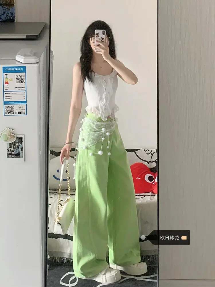 

High-end spicy girl denim wide leg pants women in summer 2025 new Apple green high waisted loose straight leg trend pants