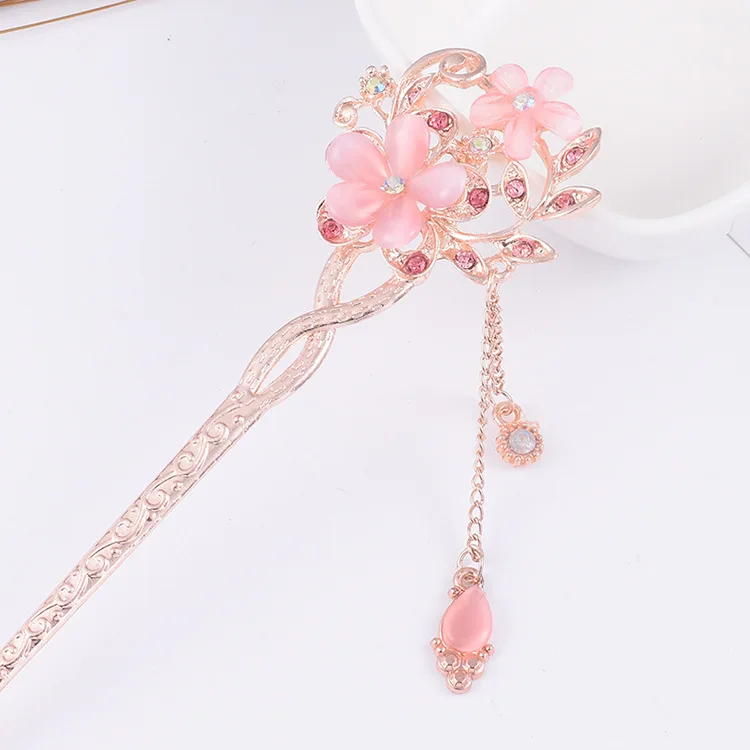 Cat Eye Stone Hair Pin Double Flower Rhinestone Hair Stick Hair Clip