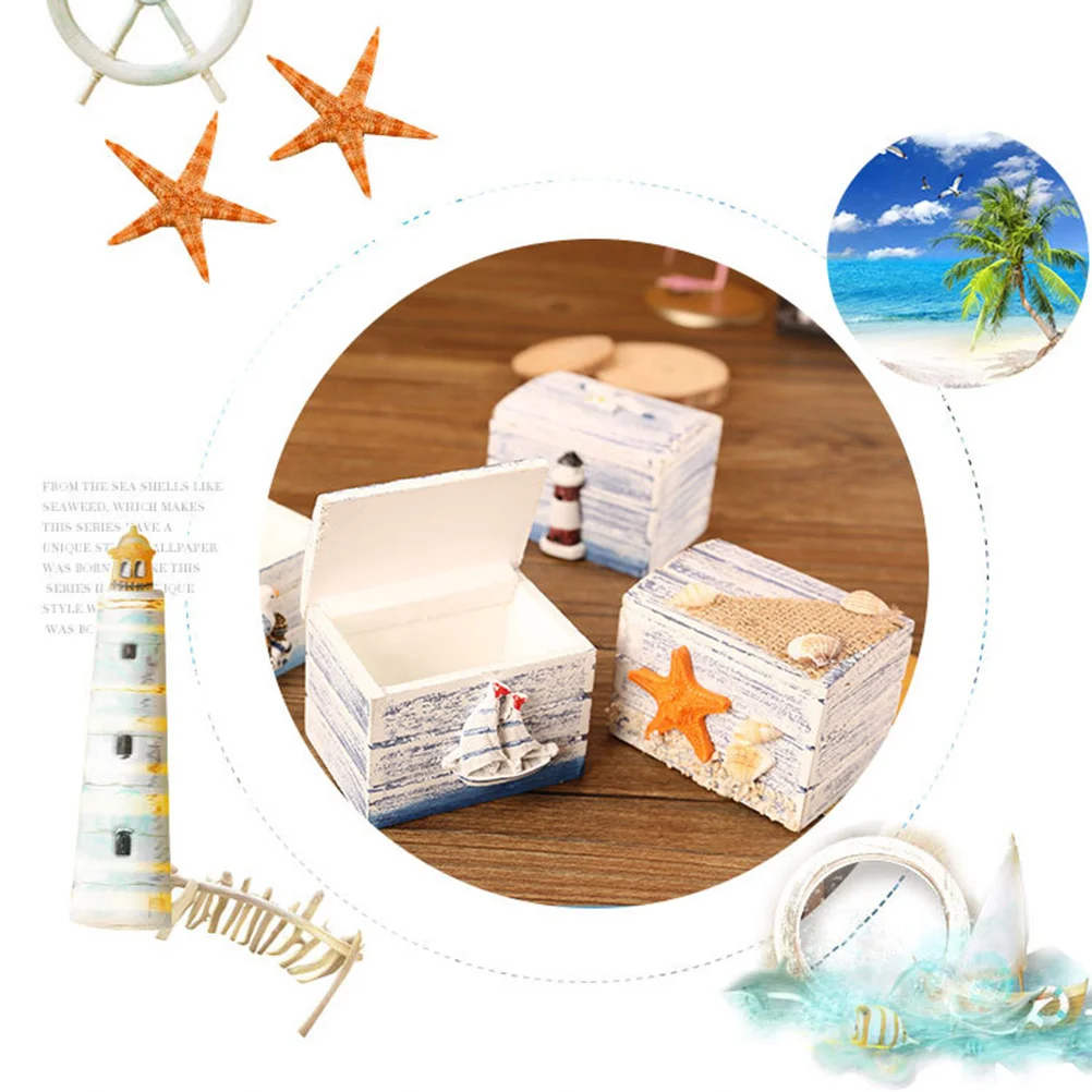 2Pcs Wooden Jewelry Box Mediterranean Style Storage Organizer Sundries Case Desktop Decoration Gift Box Sea Star Pattern