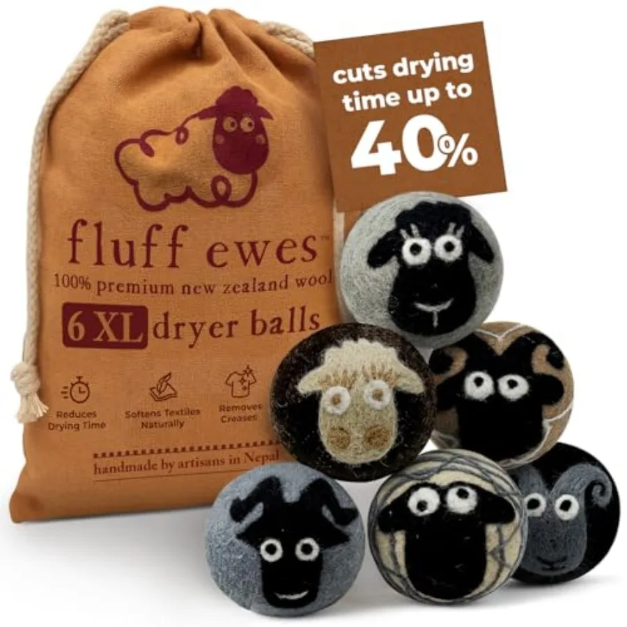 

Набор из 6 шариков для сушки белья Hustle and Blush Fluff Ewes из шерсти овец - очень большие, классические, премиум-класса, ручной вязки, из Новой Зеландии, для уменьшения помутнения белья