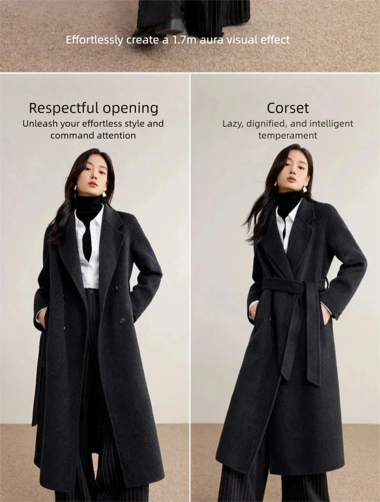 SENTUBILA Damen-Wintermantel aus Wolle mit Doppelreiher, Damen-Oberbekleidung 2026, Business-Mantel für Pendler, mittellanger Mantel mit Gürtel W54OA8781 – Detail 22