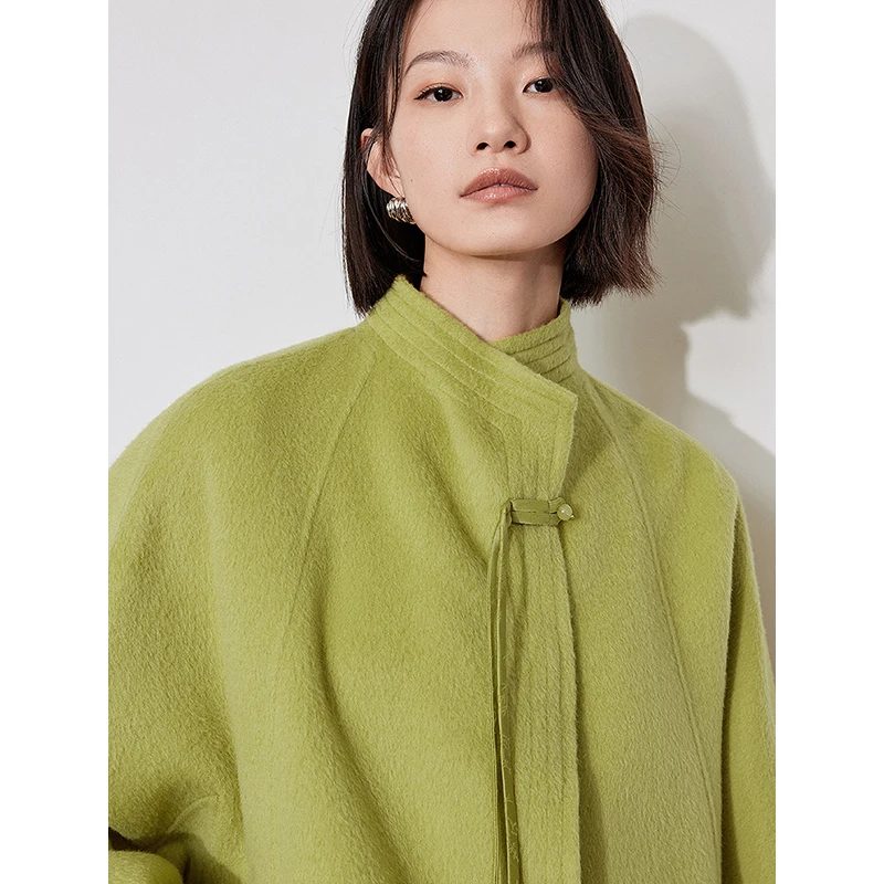 TOYOUTH Women Woolen Coats 2024 Winter New 2024 Winter New Chinese Style Double Side Stand Collar Green Woolen Jacket