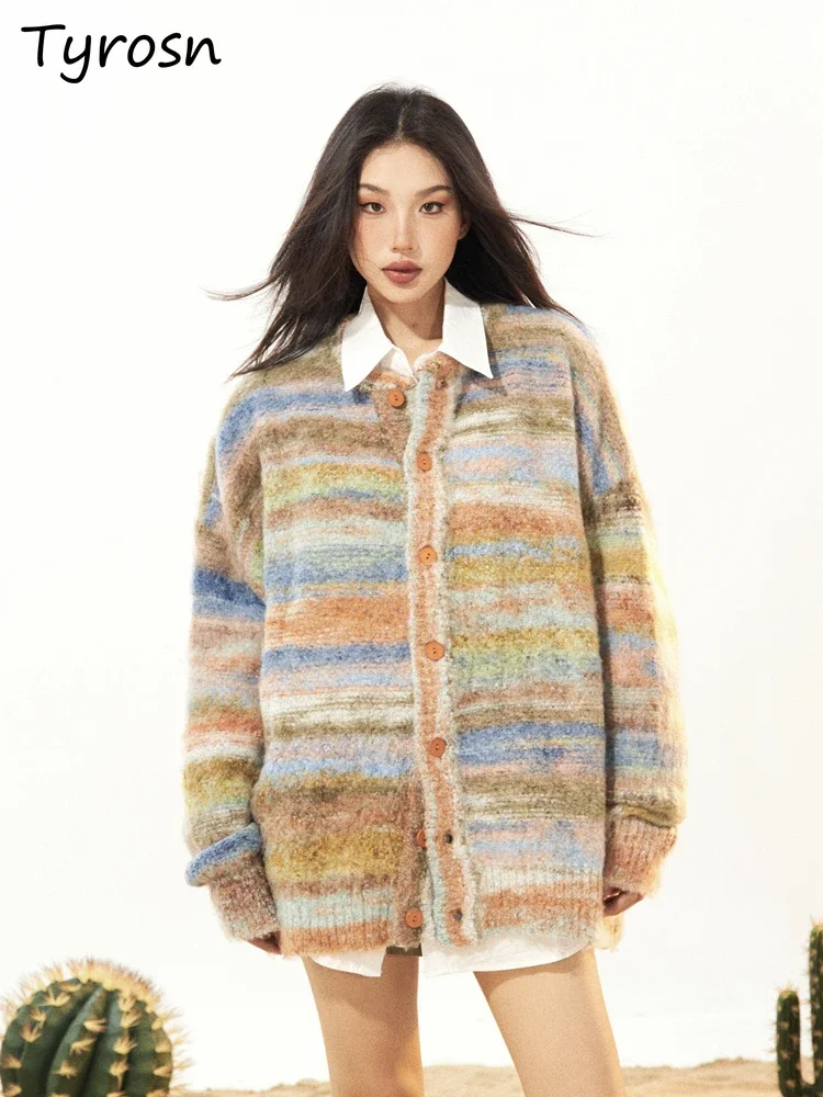 

Кардиган женский в американском стиле ретро в радужную полоску с градиентом, свитера на пуговицах, осенняя свободная пара, вязаный модный дизайн, темперамент