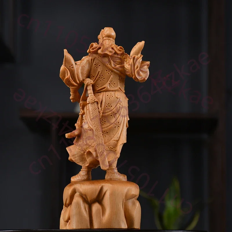 Natural Cypress Character Guan Gong Sculptures And Figurines Solid Wood Carving Home Room Office Wealth Luck Feng Shui Decor