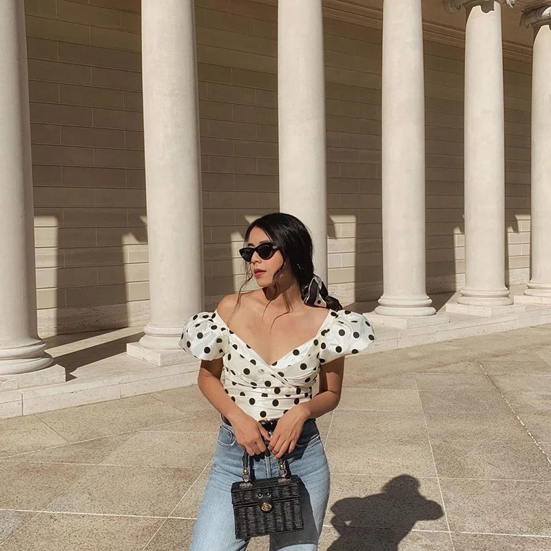 

Sweet Style Polka Dot Bubble Sleeve V-Neck Cross Shirt Women's Fashion Summer Short Sleeve Top Versatile Retro Print