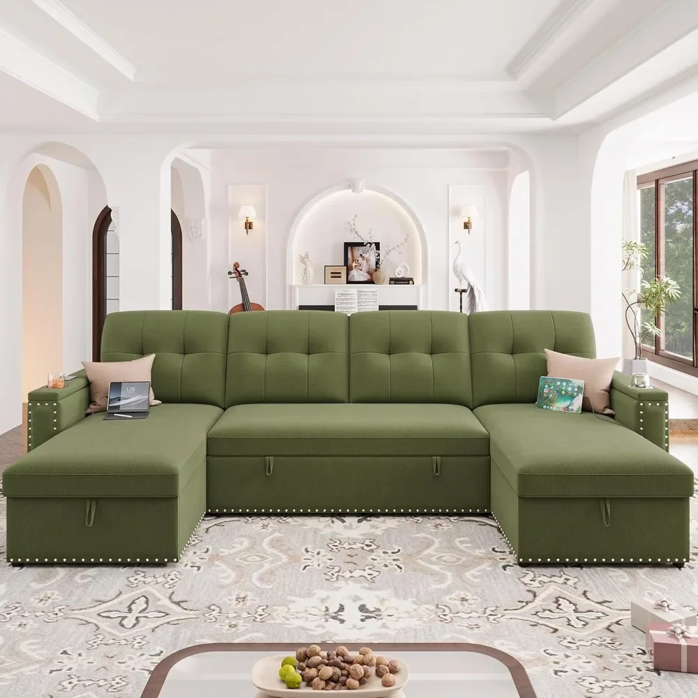

112 Inch Living Room Sectional Sofa with LED Light, USB Port, Cup Holder, Modern Velvet U Shape Sofa Living Room Furniture Set