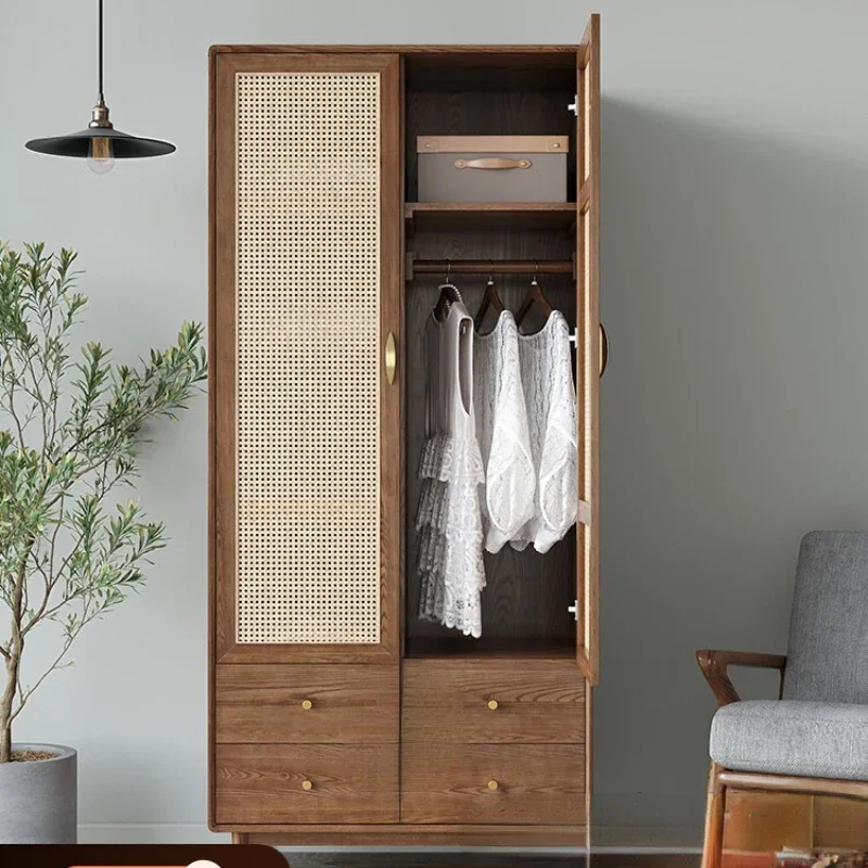 

Vintage Rattan Solid Wood Double-Door Closet Home Bedroom