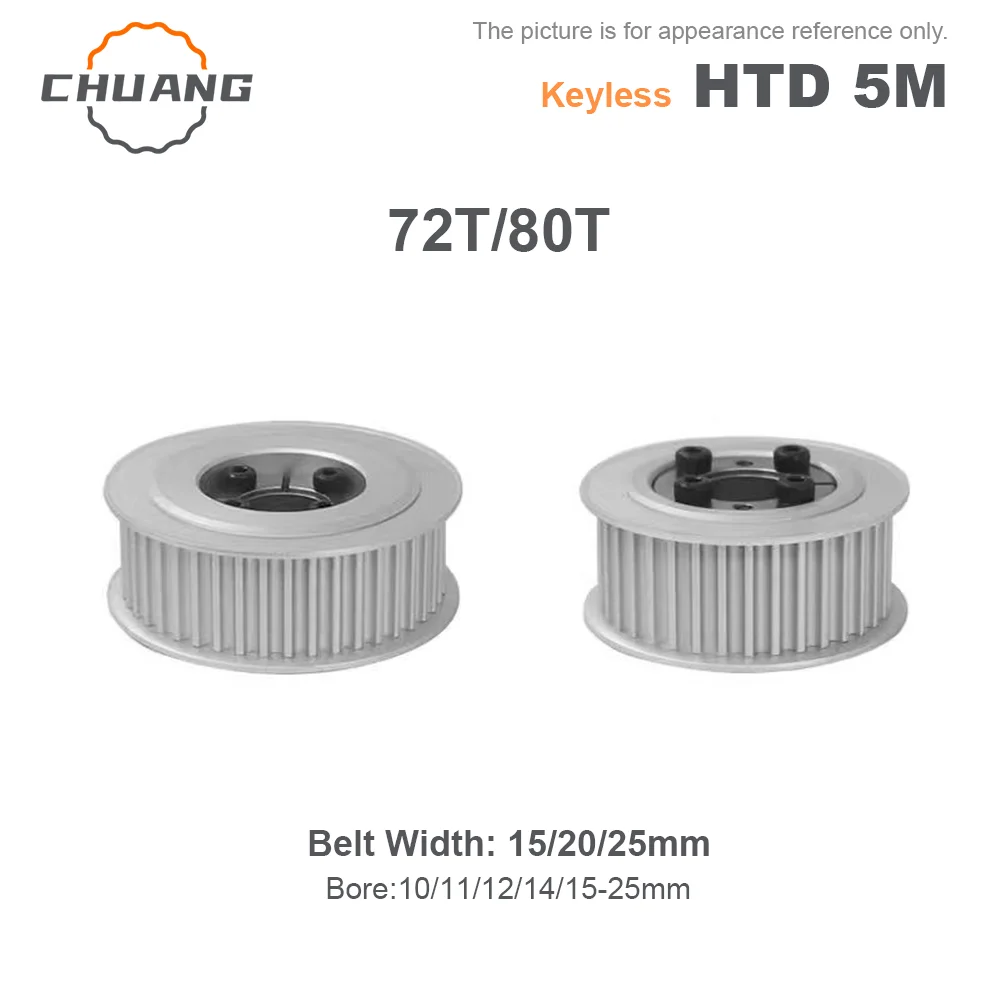 

HTD 5M Keyless 72T 80Teeth Timing Pulley Keyless Bushing Bore 10-25mm for Belt Width 15/20/25mm HTD 5M 72T 80T