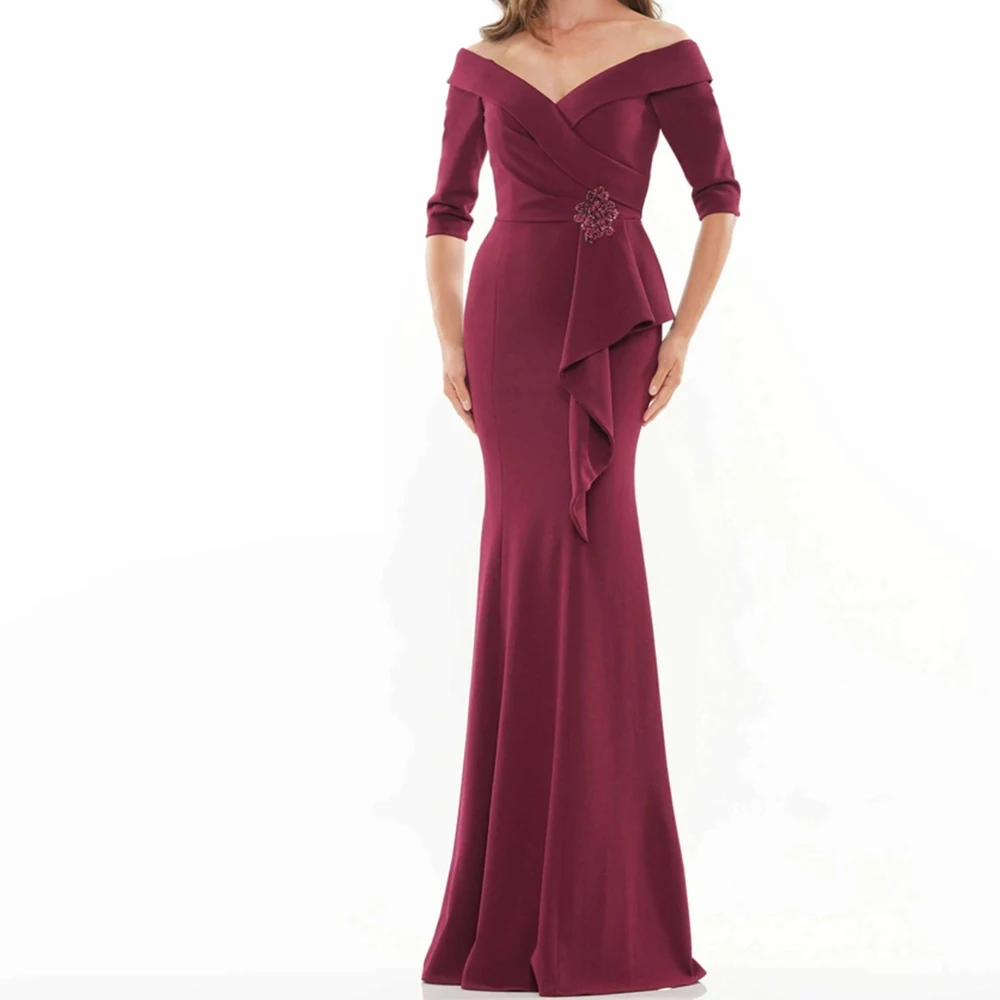 Customized Elegant Straight Floor Length Strapless Jersey Half Sleeves Evening Dress Fashion Photo Color vestidos para mujer