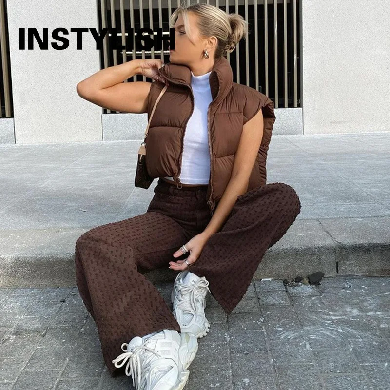 Women Cropped Puffer Vest Sleeveless Stand Collar Zip Up Drawstring Hem Padded Casual Winter Warm Short Waistcoat Outerwear