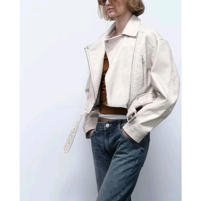 جديد الخريف المرأة طويلة Sve بولي Leather الجلود الطيار Jaet معطف الوجه طوق سستة Sle فضفاضة تناسب ألياف البوليستر تخفيف Sle