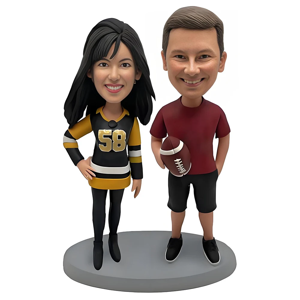 Custom Sports Couple Bobblehead, Hockey Jersey and Football Fan Design, Personalized Gift Figurine, Desk Decoration