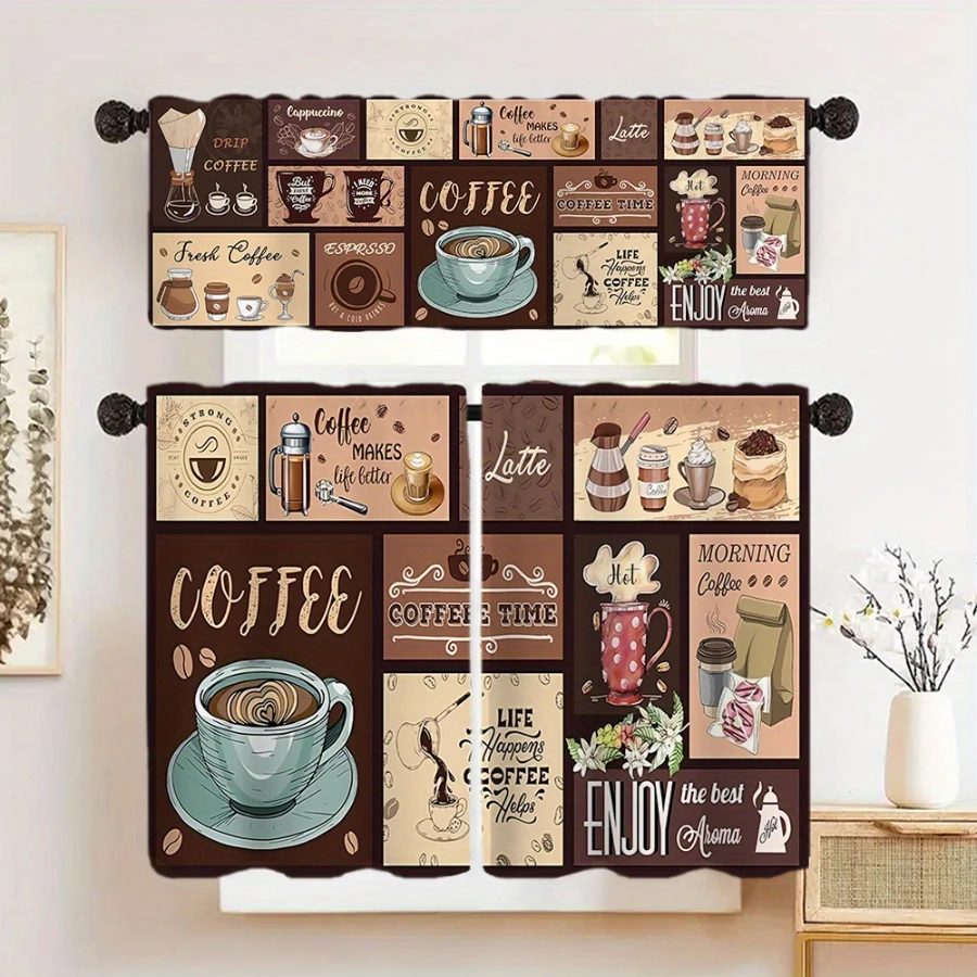  Coffee Element Collage Coffee Bean Cup Quote Print Kitchen Curtain, Rod Pocket Tiers for Cafe Kitchen Home Decor